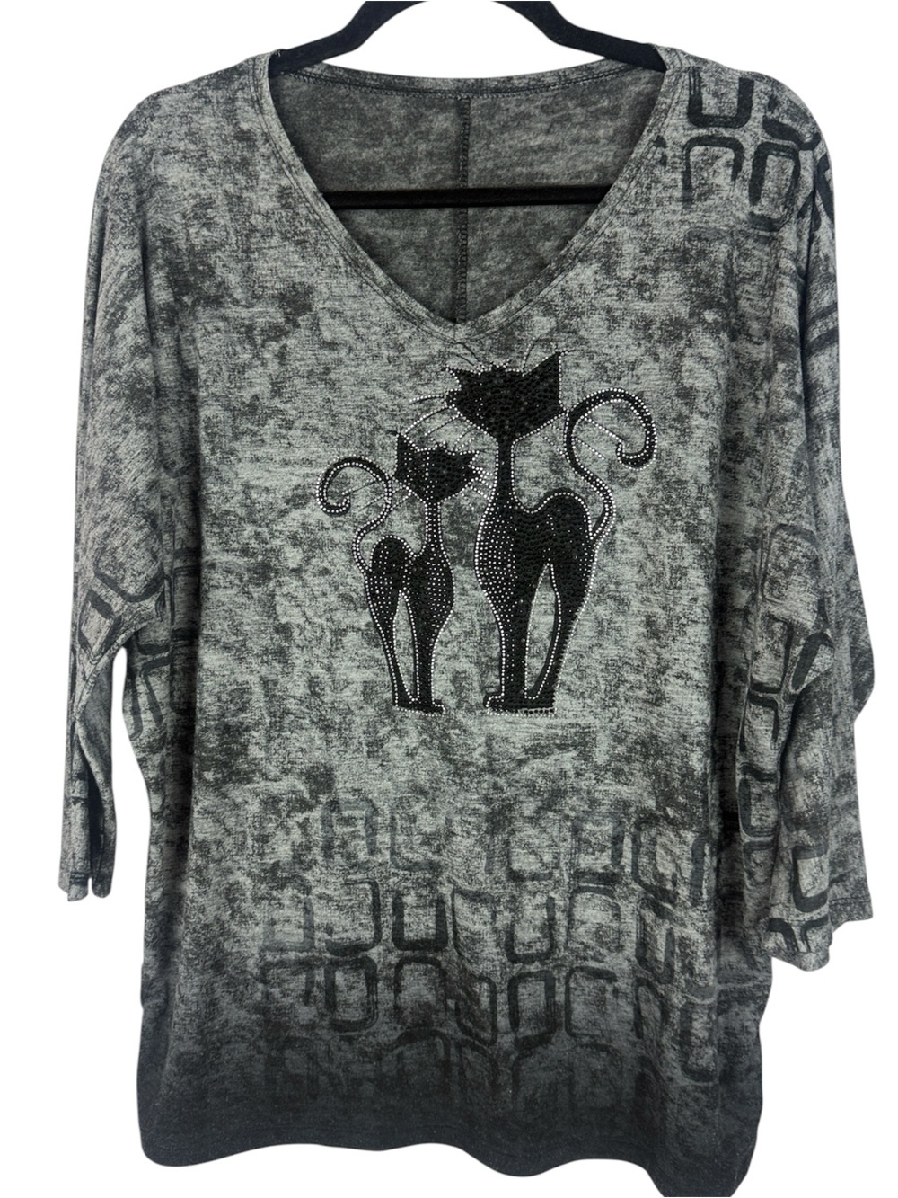Cat Graphic Rhinestone Embellished Burnout V-Neck Top Black Gray 3/4 Sleeve